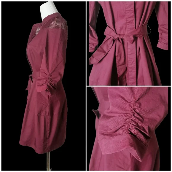 🌰 maroon small stand-up collar 7/10 length sleeves midi dress by MWQR - Picture 4 of 8